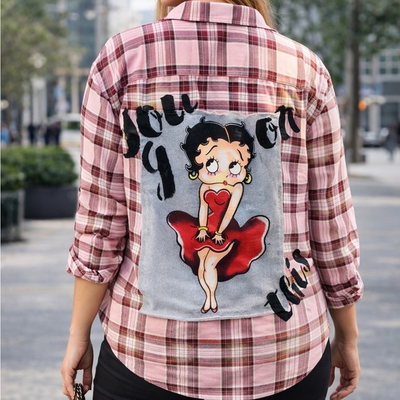 Betty Boop Custom LVS Tops - Custom Made Betty Boop Bleached Pink Plaid Flannel Shirt XXL Graphic Back Y2K